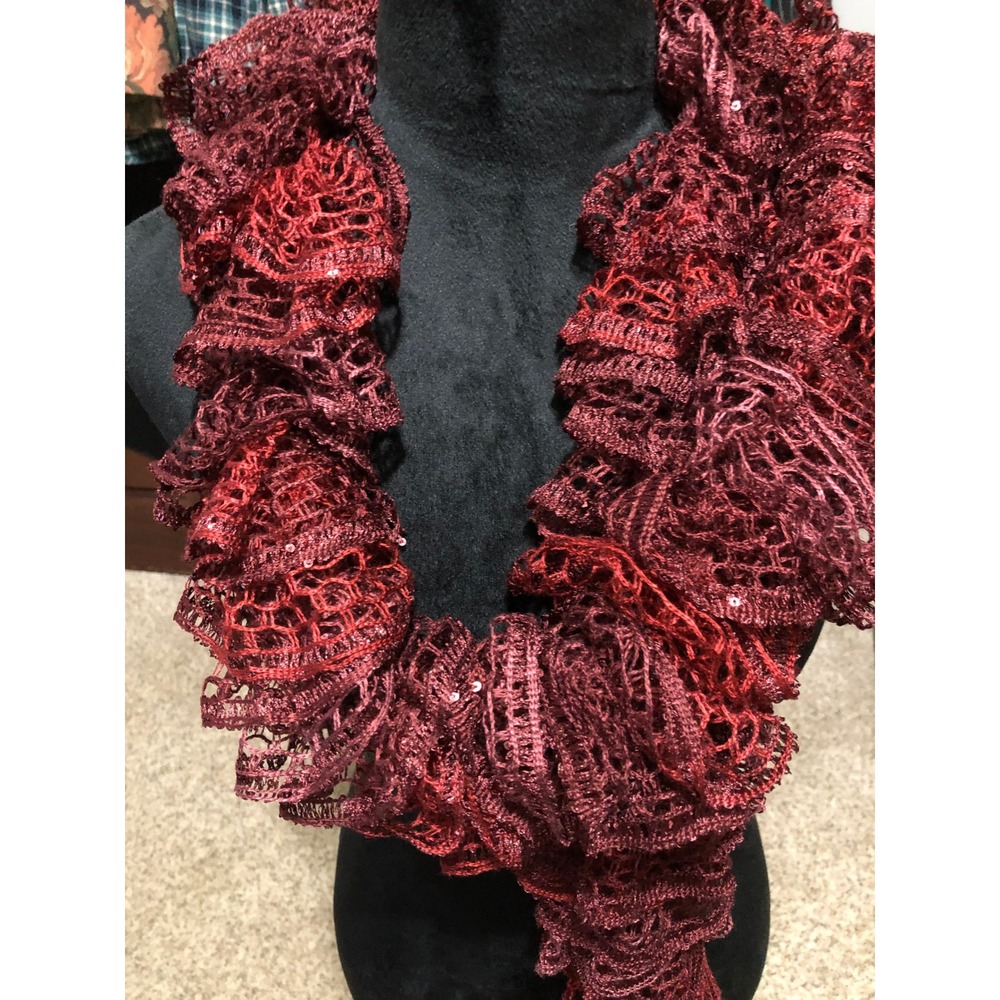 Vtg Burgundy Crochet Lace Ruffle Sequins Potato Chip Scarf Coquette Fairycore